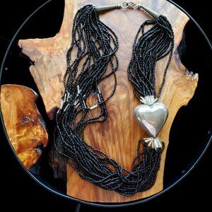 Vintage Southwestern Handcrafted Multistrand Seed Bead and Silver Heart Necklace